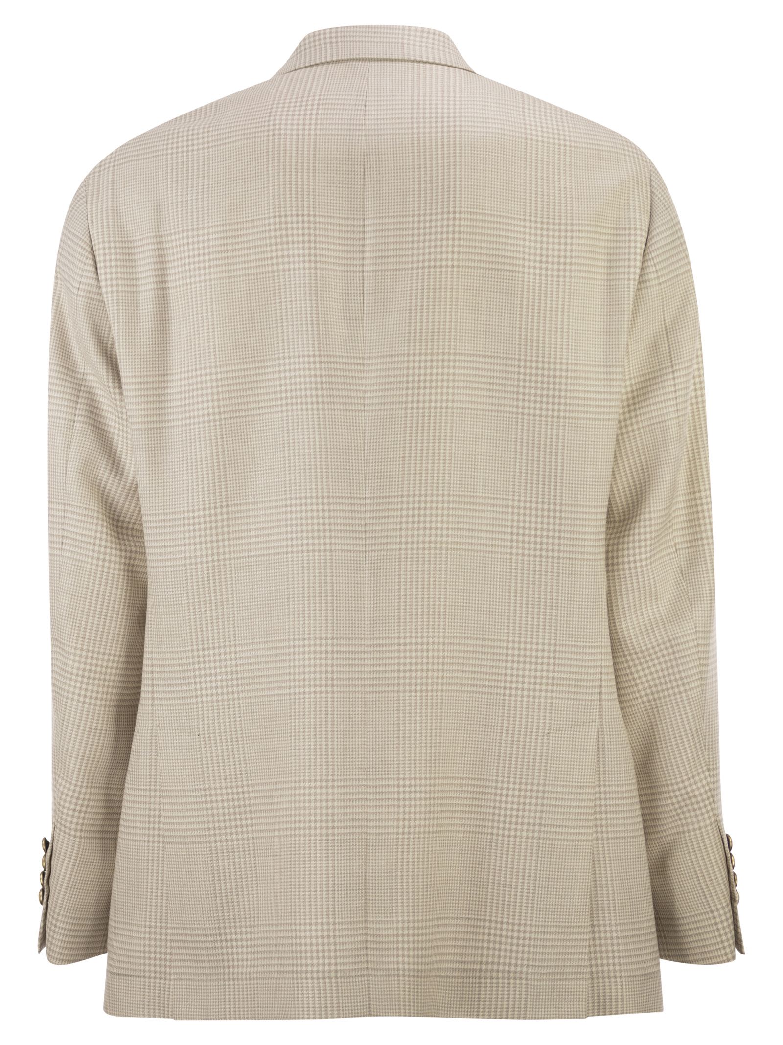 Brunello Cucinelli Men Deconstructed One-And-A-Half-Breasted Jacket In Virgin Wool, Silk And Linen Prince Of Wales Check With Metal Buttons - Image 2