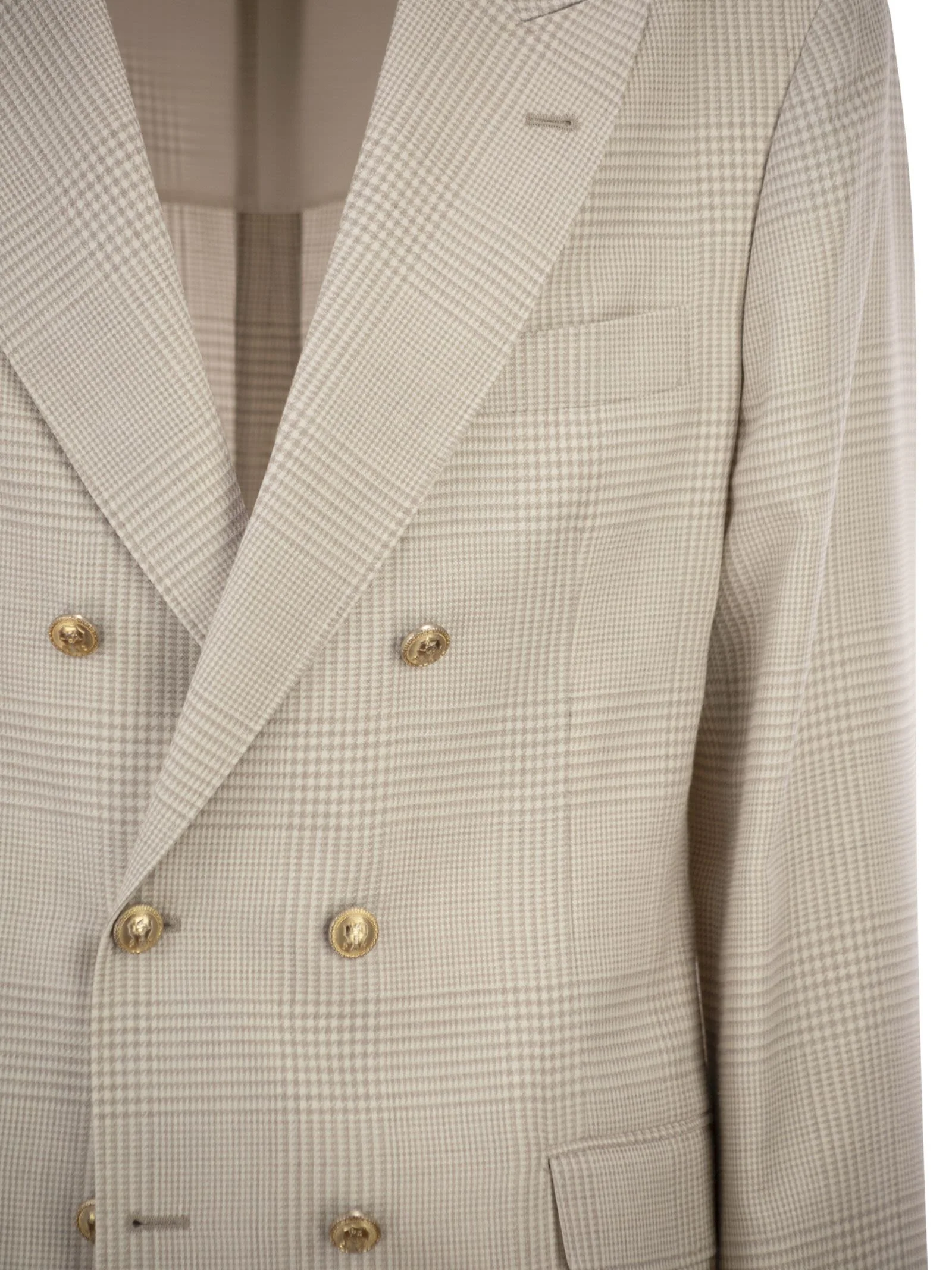Brunello Cucinelli Men Deconstructed One-And-A-Half-Breasted Jacket In Virgin Wool, Silk And Linen Prince Of Wales Check With Metal Buttons - Image 4