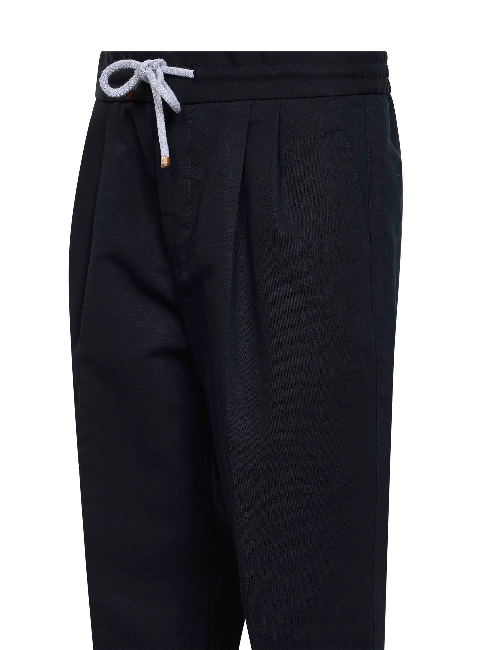 Brunello Cucinelli Men Navy Blue Linen And Cotton Drill Leisure Fit Trousers - Image 3