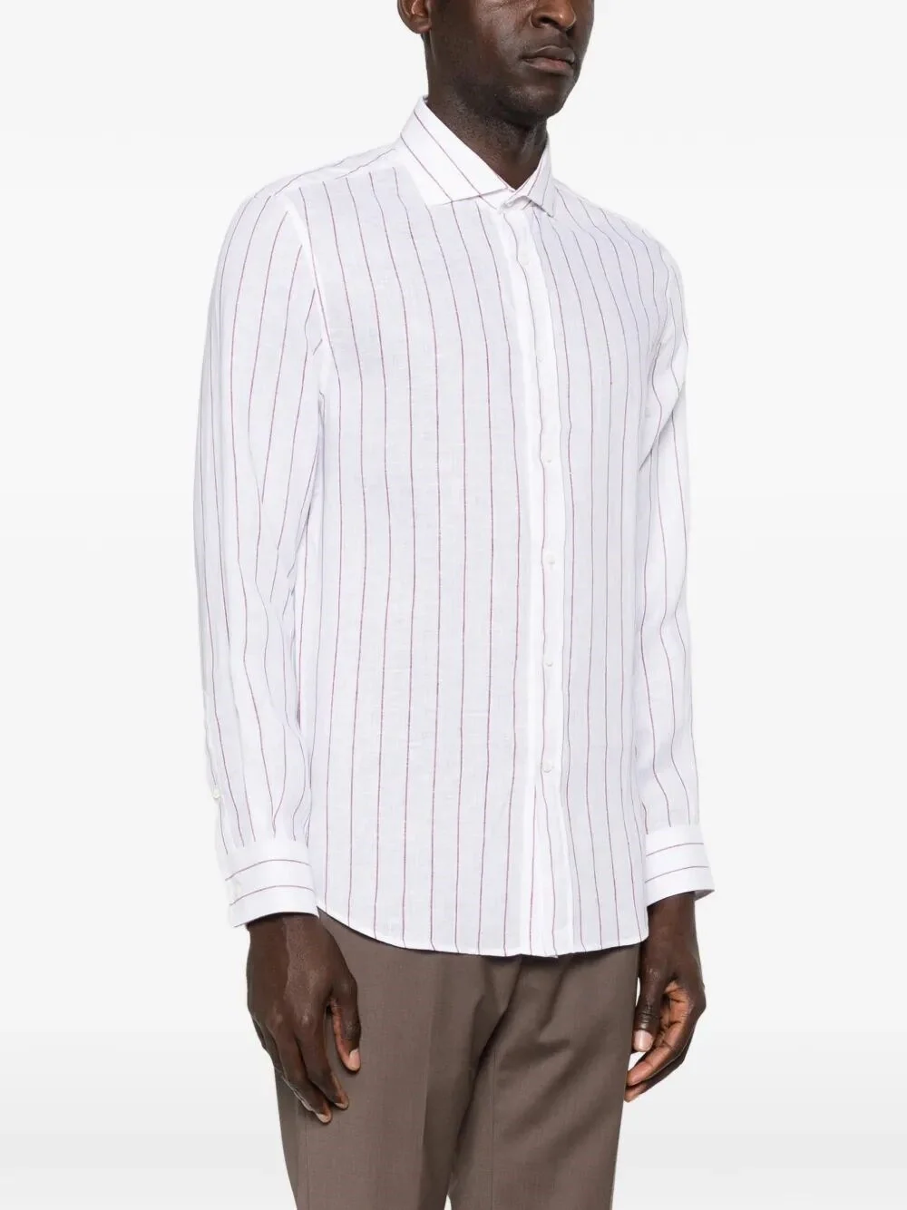 Brunello Cucinelli Men Stripe Linen Easy Fit Shirt With Spread Collar - Image 3