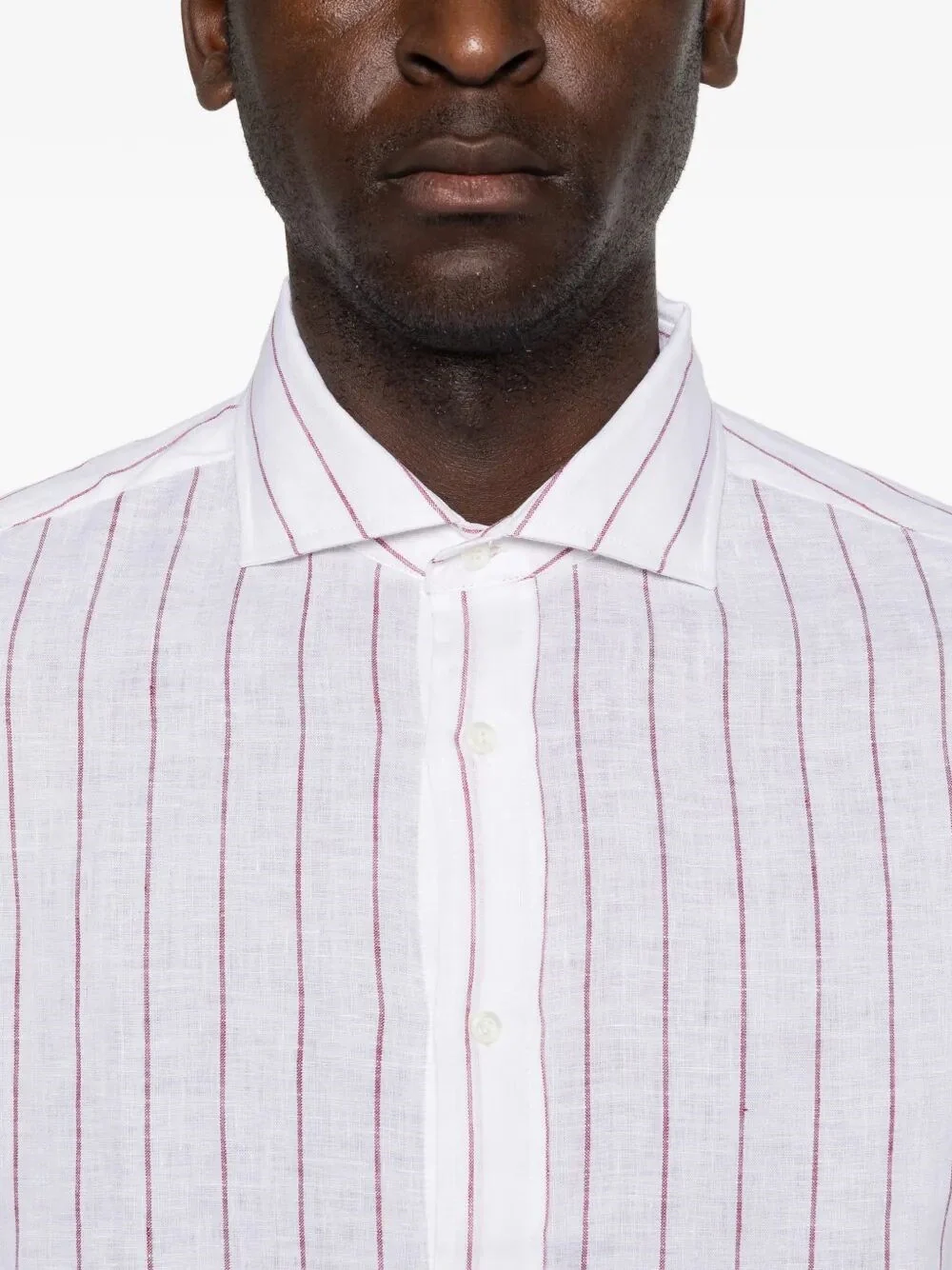 Brunello Cucinelli Men Stripe Linen Easy Fit Shirt With Spread Collar - Image 4