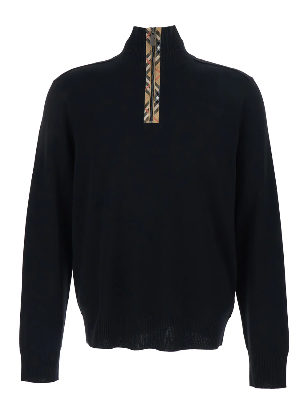 Burberry Men Black Turtleneck Sweater With Check Detail On The Front In Wool And Cotton Man