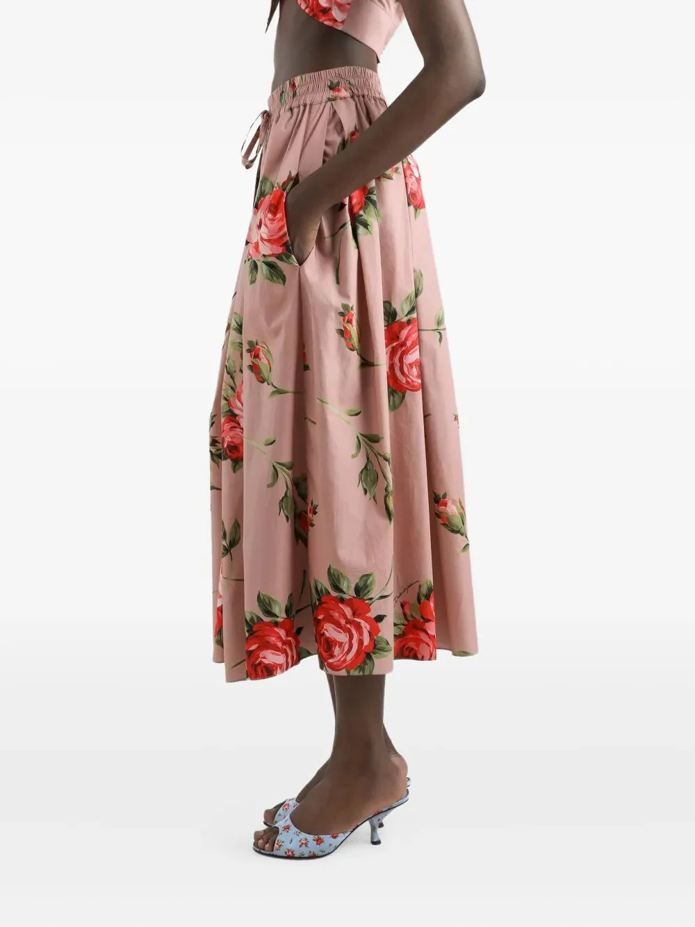 Dolce & Gabbana Women Rose Bouquet-Print Cotton Pleated Skirt - Image 3
