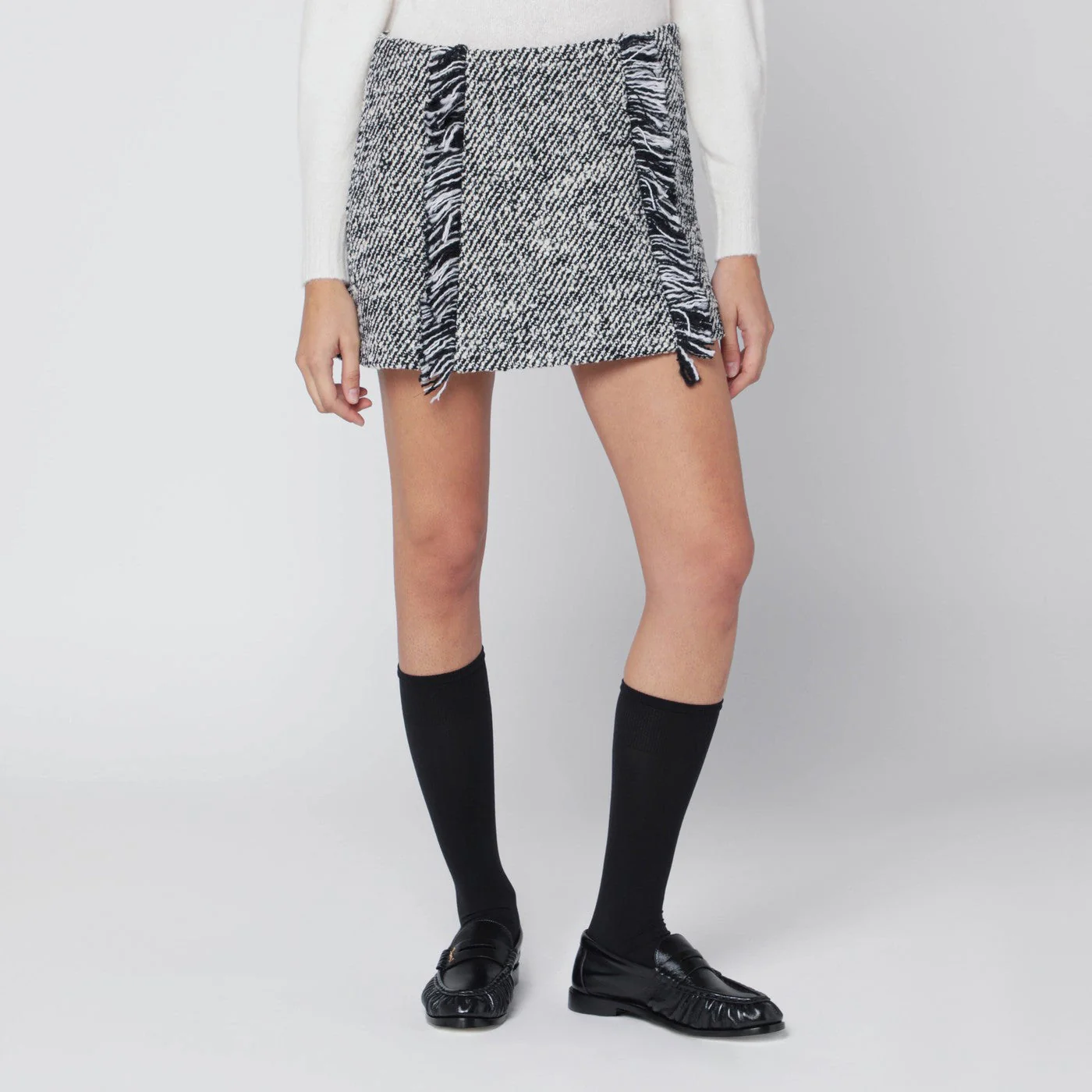 Durazzi Milano Black/White Patterned Wool-Blend Mini Skirt Women