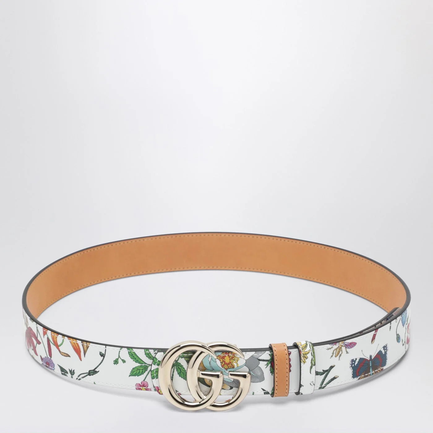 Gucci Gg Marmont Reversible Belt In Brown/White Leather With Flora Print Women