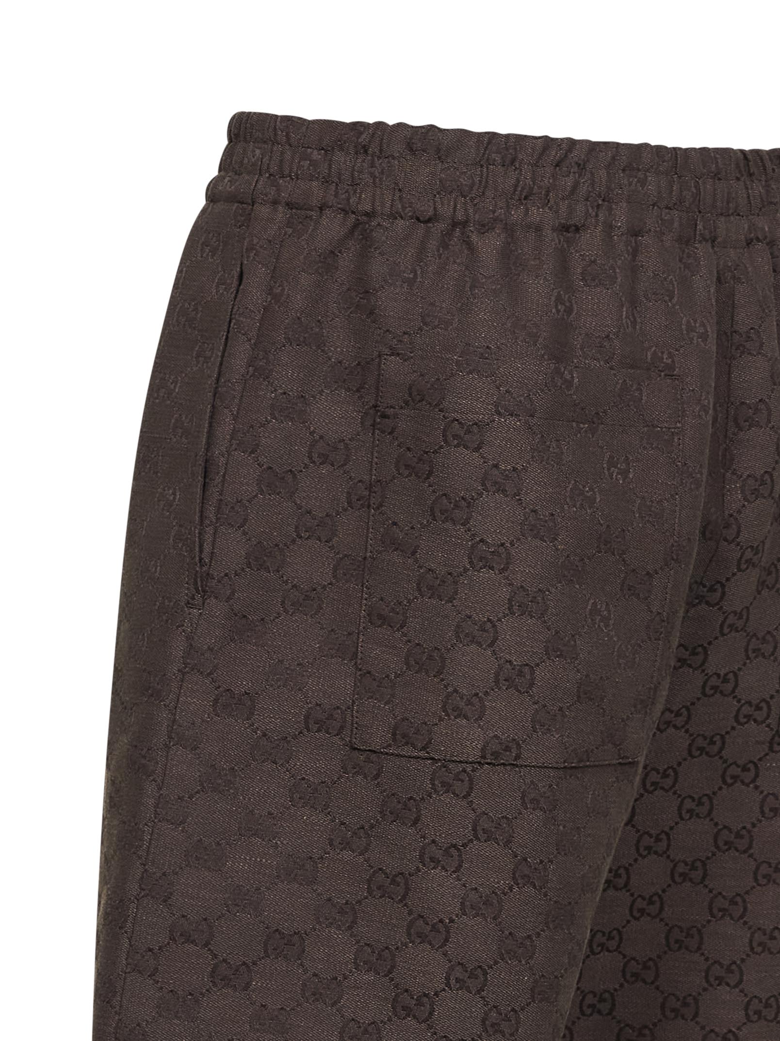 Gucci Men Brown Linen Blend Gg Canvas Shorts - Image 3