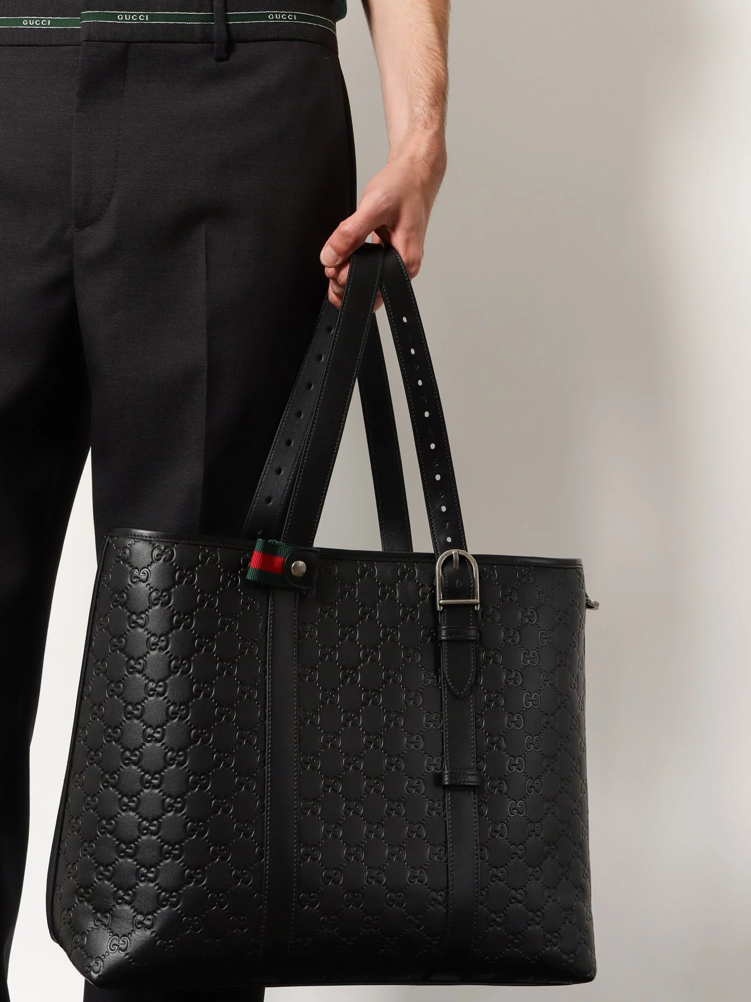 Gucci Men Gg Emblem Leather Shopping Bag With Embossed Gg Motif - Image 2