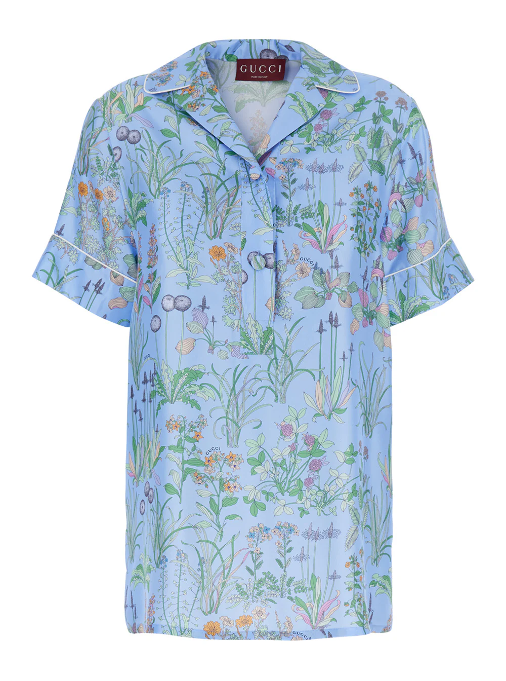 Gucci Women Light Blue Shirt With Cuban Collar And All-Over Floral Print In Silk Woman