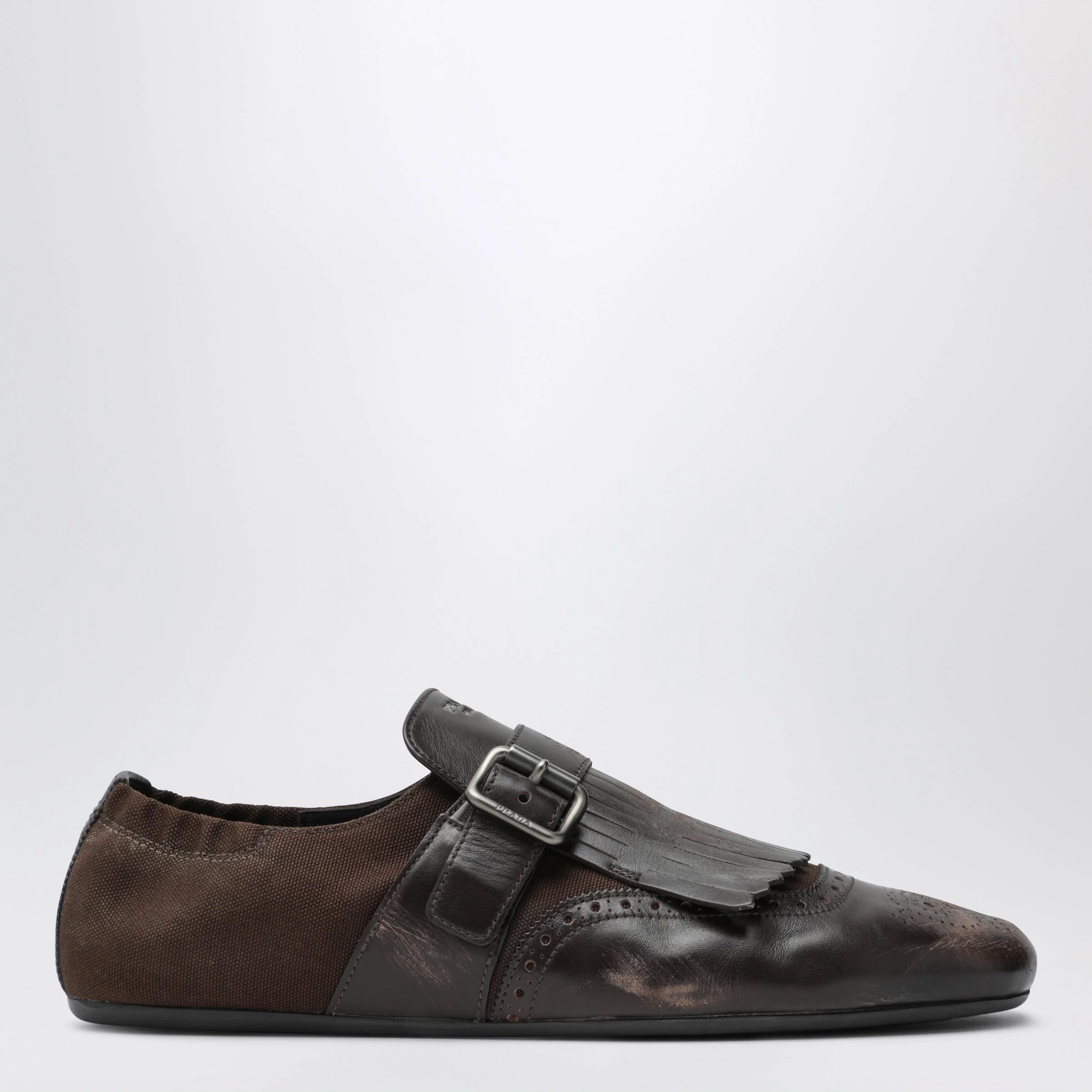 Prada Dark Brown Leather Shuffle Buckle Shoes Men