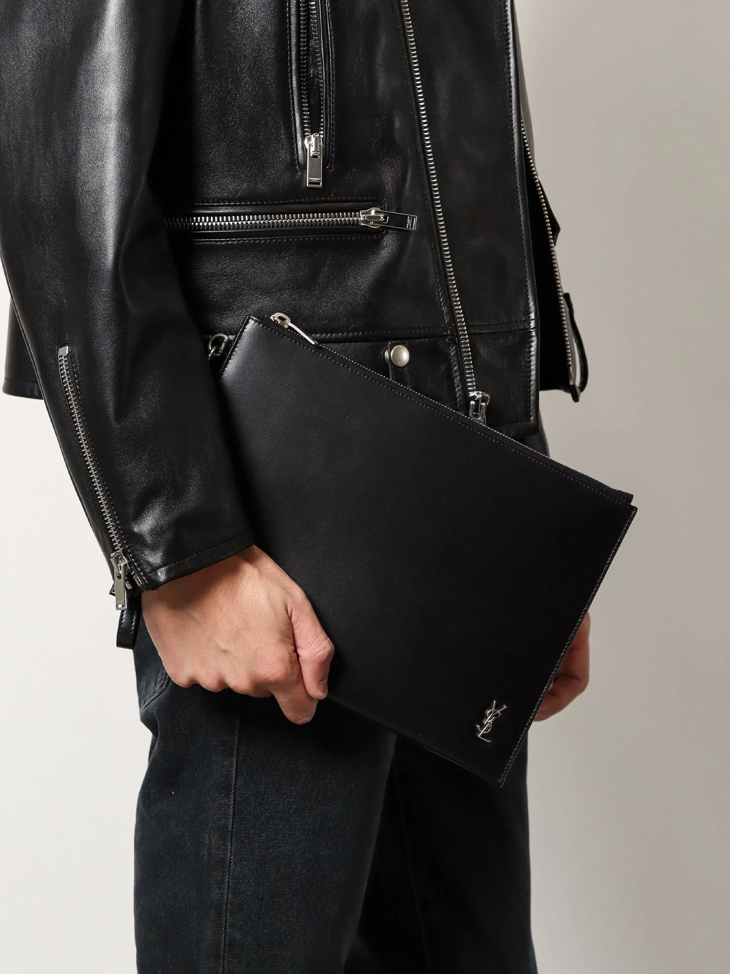Saint Laurent Men Leather Clutch With Monogram Detail - Image 2