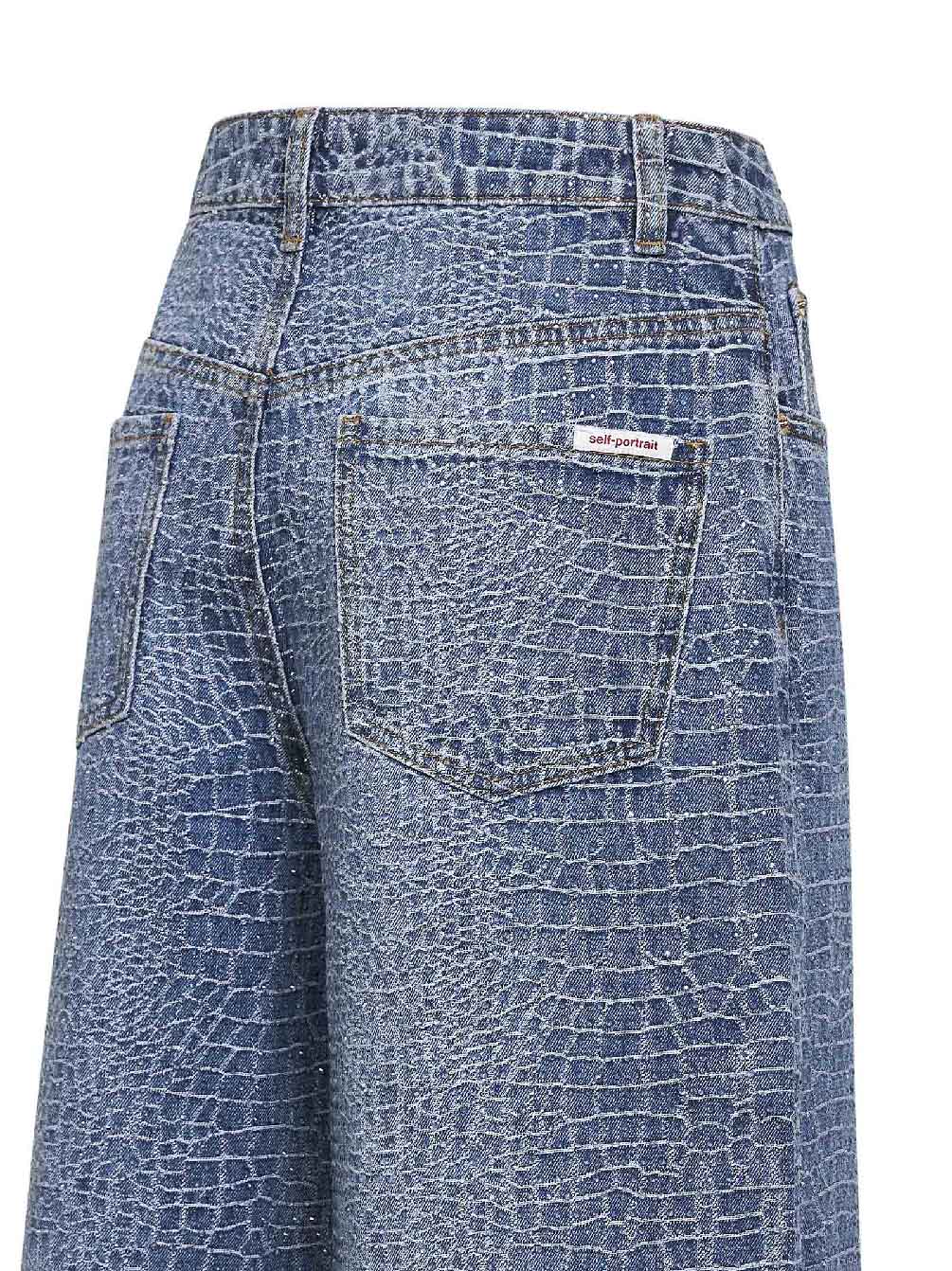 Self Portrait Women Blue Rhinestone Croc-Effect Stretch Denim Jeans - Image 3