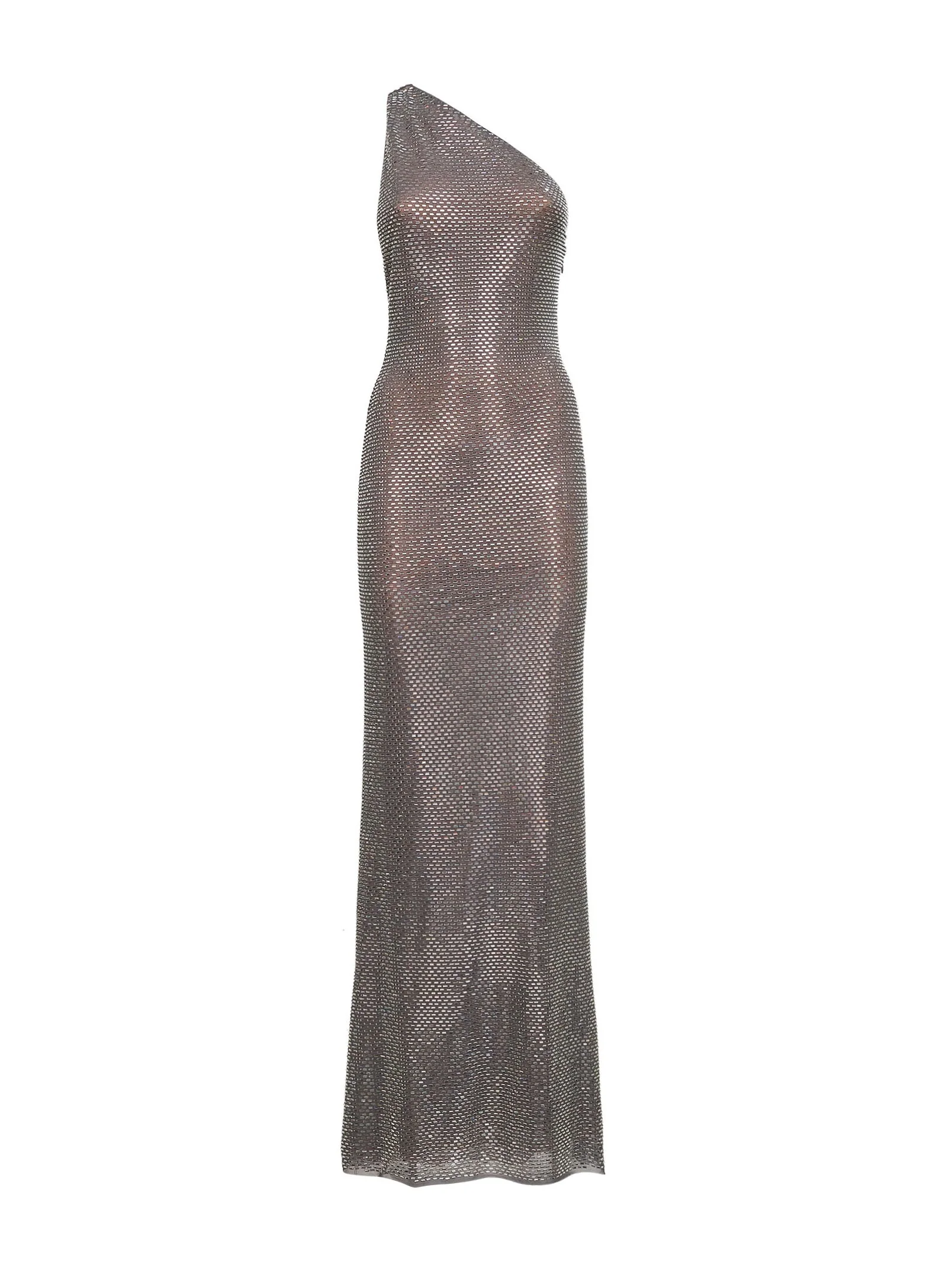 Self Portrait Women Grey Rhinestone One-Shoulder Maxi Dress