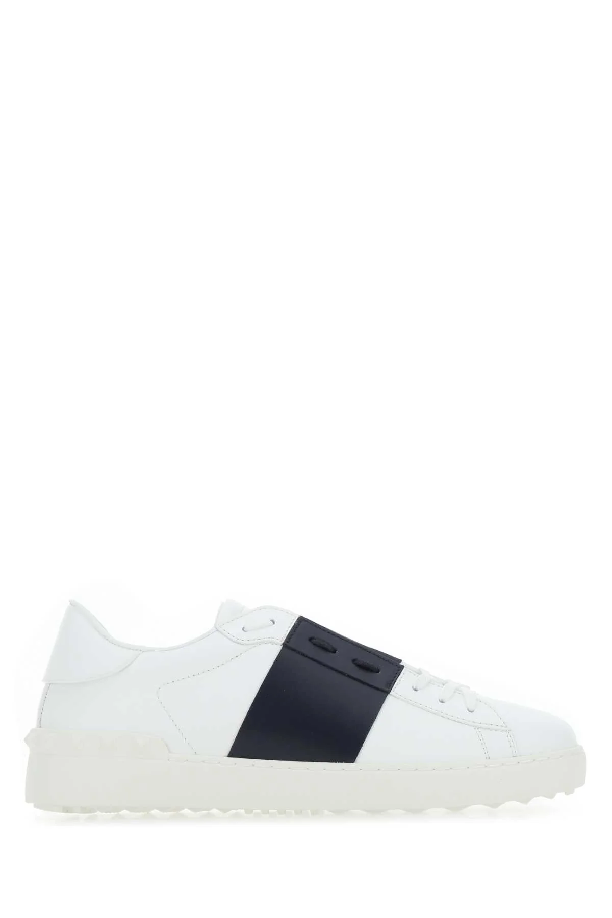 Valentino Garavani Men White Leather Open Sneakers With Blue Navy Band
